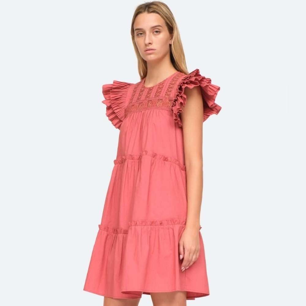 NWT Sea New York Thora Flutter-Sleeve Ruffle Tunic Mini Dress in Rose - Size 10
